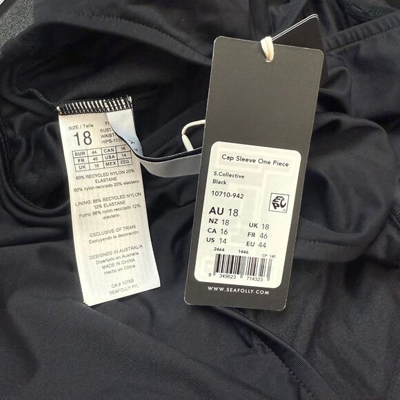 SEAFOLLY COLLECTIVE Women's One Piece Swimsuit US 14 Black Cap Sleeve NWT - Picture 11 of 16